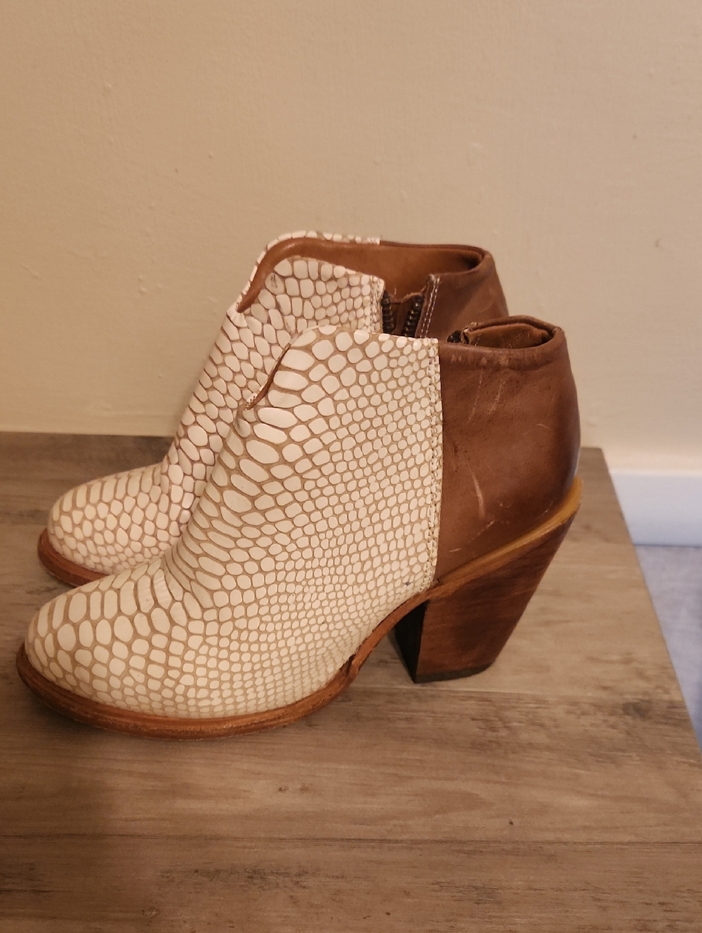 Freebird by Steven Two-Tone Cream Snake-Print & Brown Ankle Booties